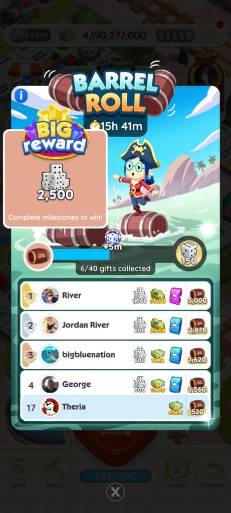 Monopoly Go Barrel Roll (March 25) Monopoly Go Barrel Roll March 25 Rewards Monopoly Go Barrel Roll: Rewards