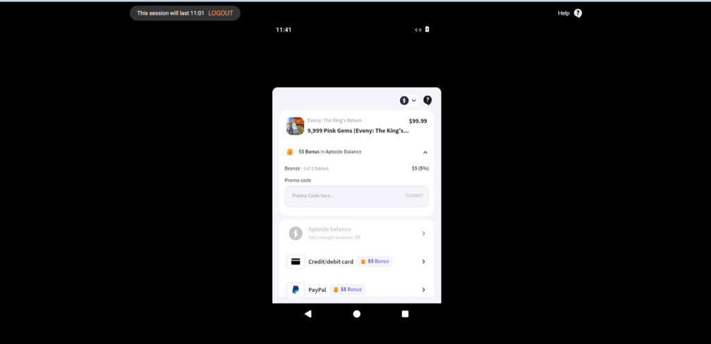 Evony Aptoide Explained - Save Money on Evony Screenshot 2025 10 03 004149 Aptoide checkout screen showing option to insert promo code, alongside various payment options