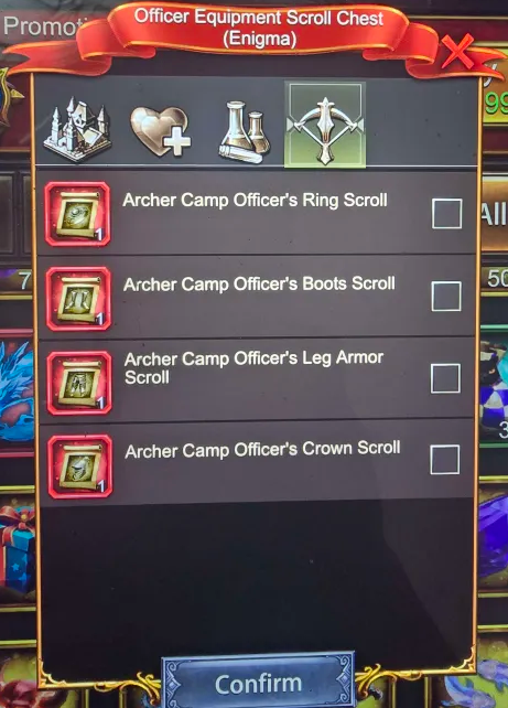 Evony Duty Officer Gear Explained image 11 Officer Equipment Scroll Chest (Enigma) showing options users was given to pick Archer Camp gear.
